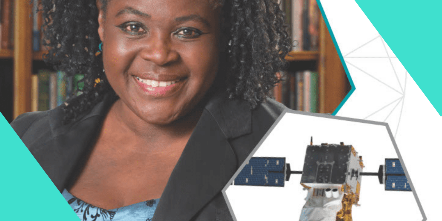 Maggie Aderin Pocock in a smiling headshot alongside a hexagon containing a satellite representing her specialism.