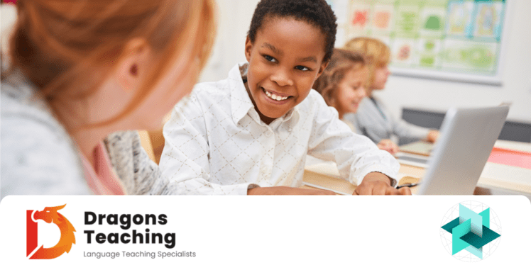 Children studying in a classroom. ISEB and Dragons Teaching logos included.