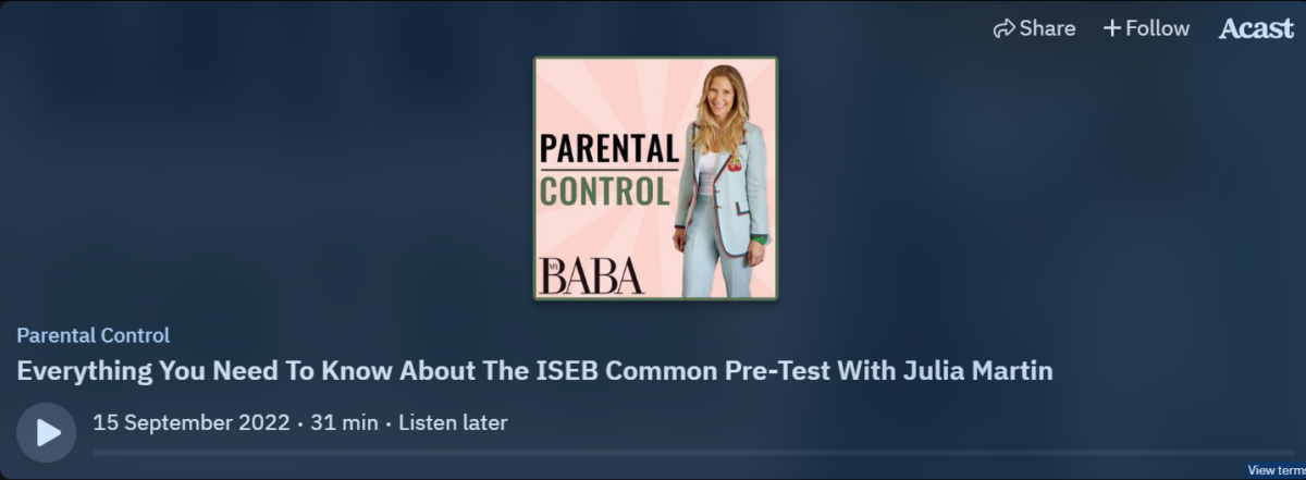 Screenshot of podcast: title - about the ISEB Common Pre-Tests with Julia Martin